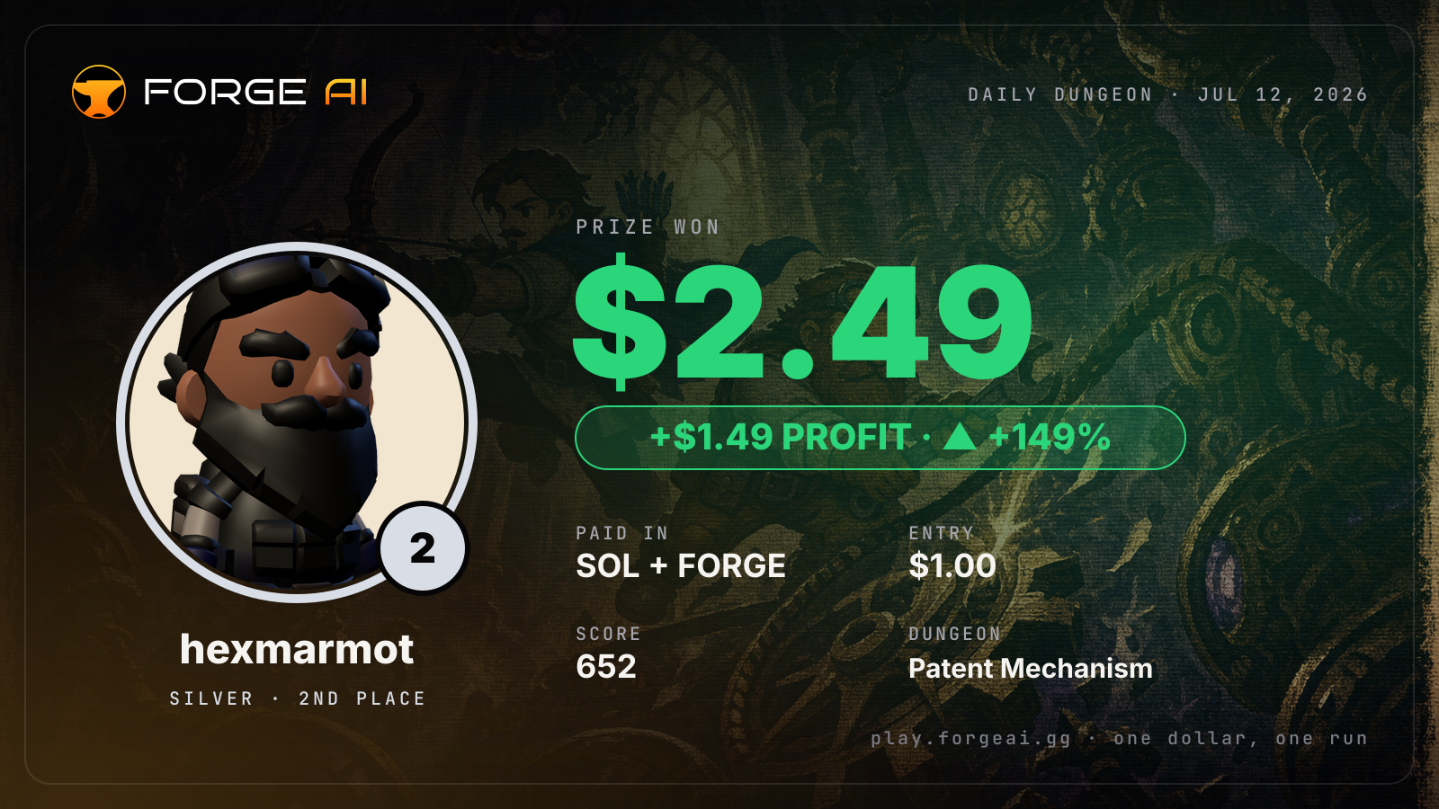 Win card: hexmarmot won $2.49 · 2nd place in Patent Mechanism of the Sundered Spring