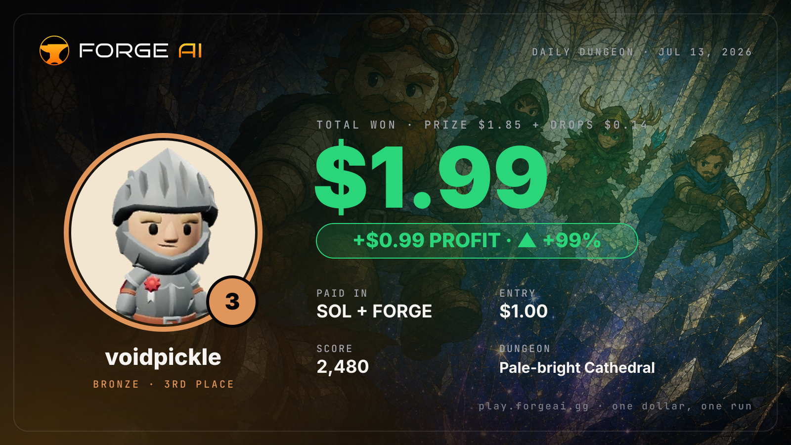 Win card: voidpickle won $1.99 · 3rd place in Pale-bright Cathedral of the Dimming Star