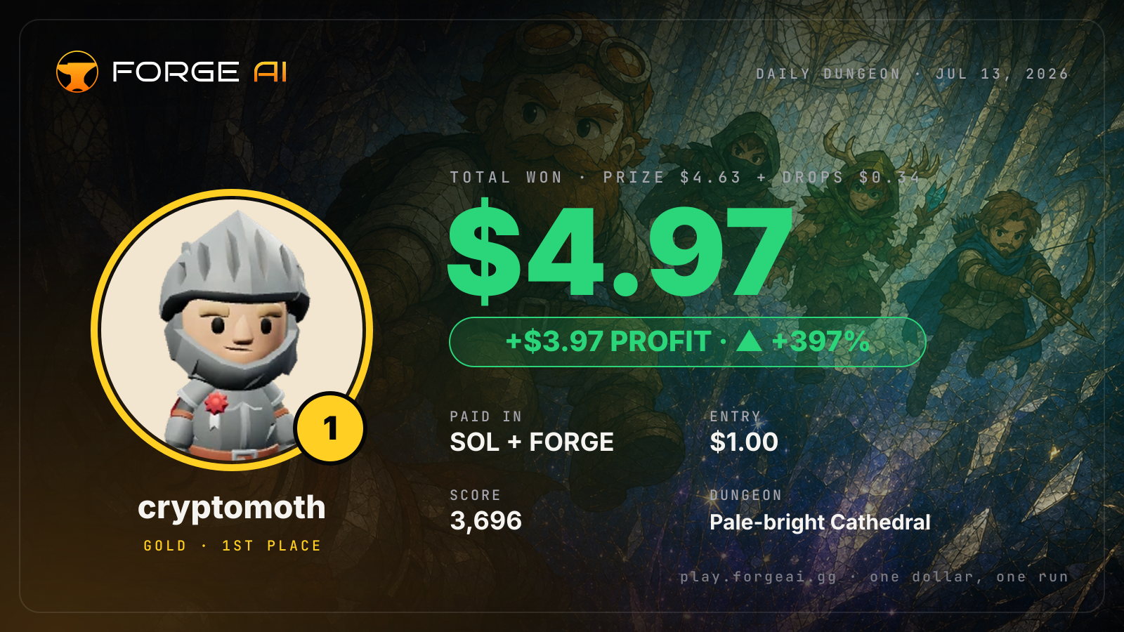 Win card: cryptomoth won $4.97 · 1st place in Pale-bright Cathedral of the Dimming Star