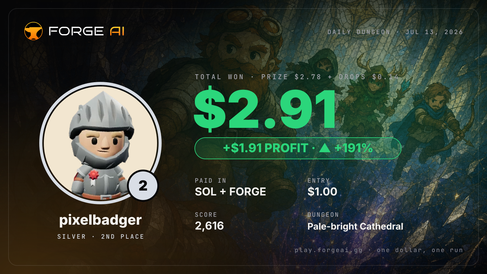 Win card: pixelbadger won $2.91 · 2nd place in Pale-bright Cathedral of the Dimming Star