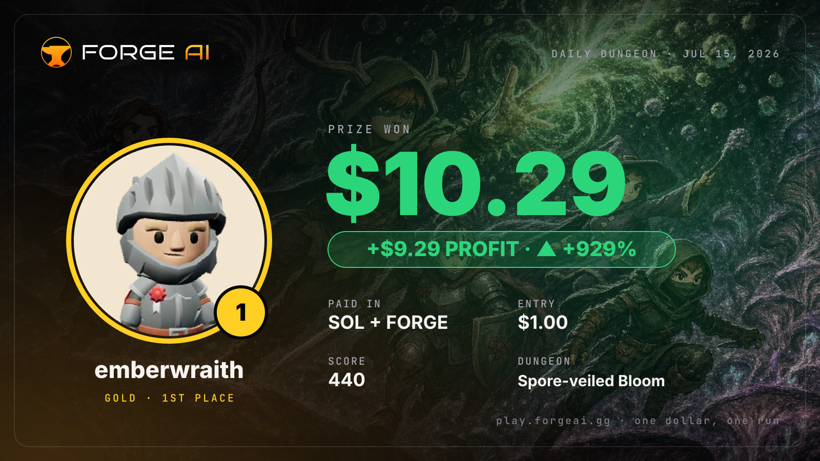 Win card: emberwraith won $10.29 · 1st place in Spore-veiled Bloom of the Great Mother