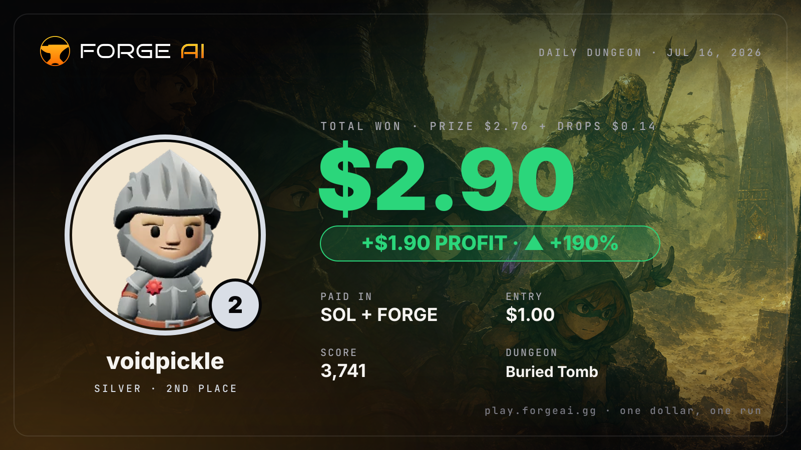 Win card: voidpickle won $2.90 · 2nd place in Buried Tomb of the Burning Pharaoh