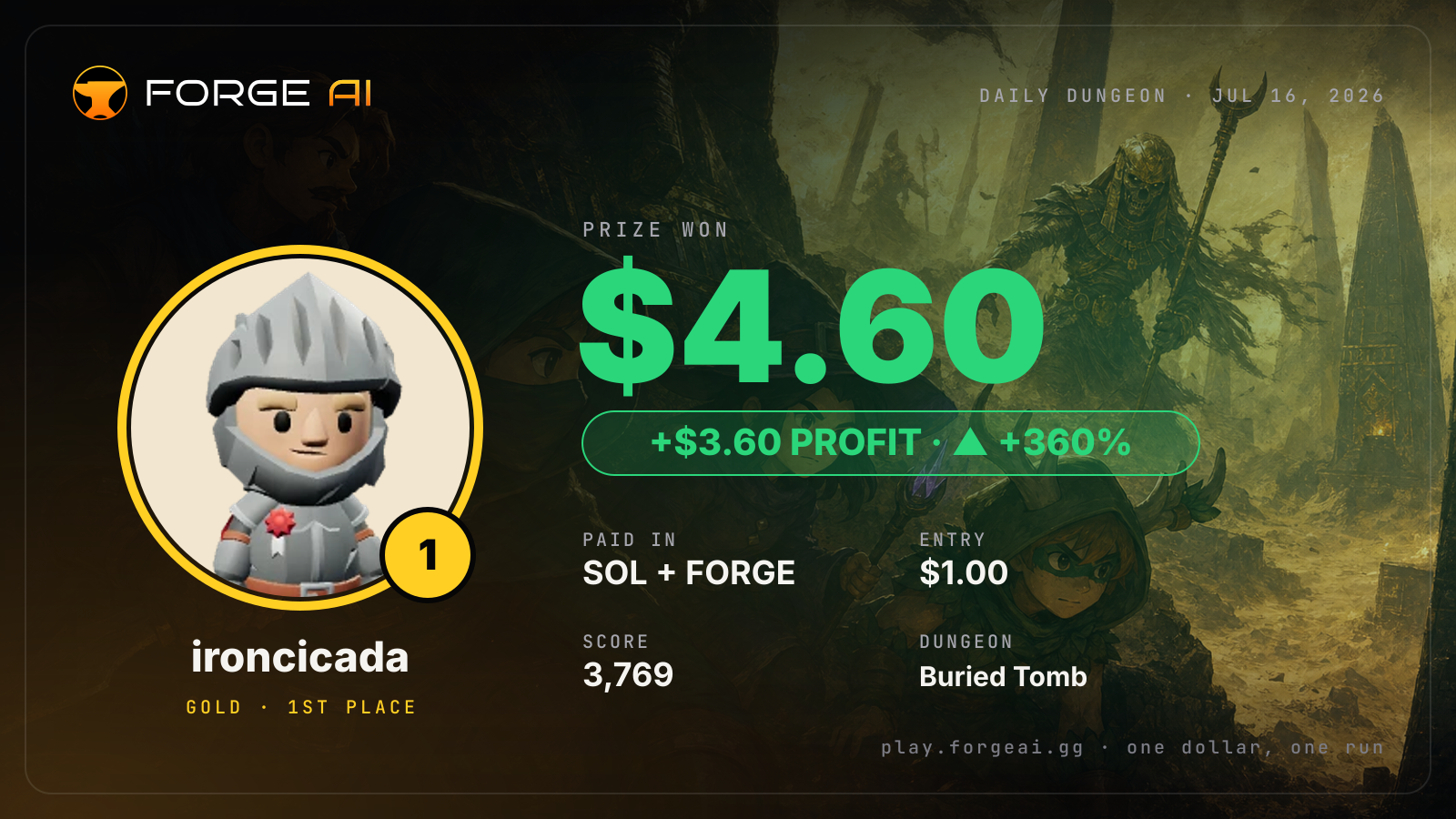 Win card: ironcicada won $4.60 · 1st place in Buried Tomb of the Burning Pharaoh