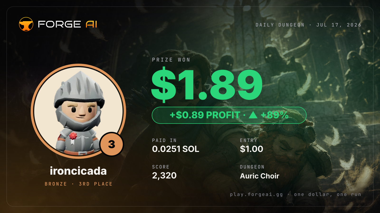 Win card: ironcicada won $1.89 · 3rd place in Auric Choir of the Dimming Star