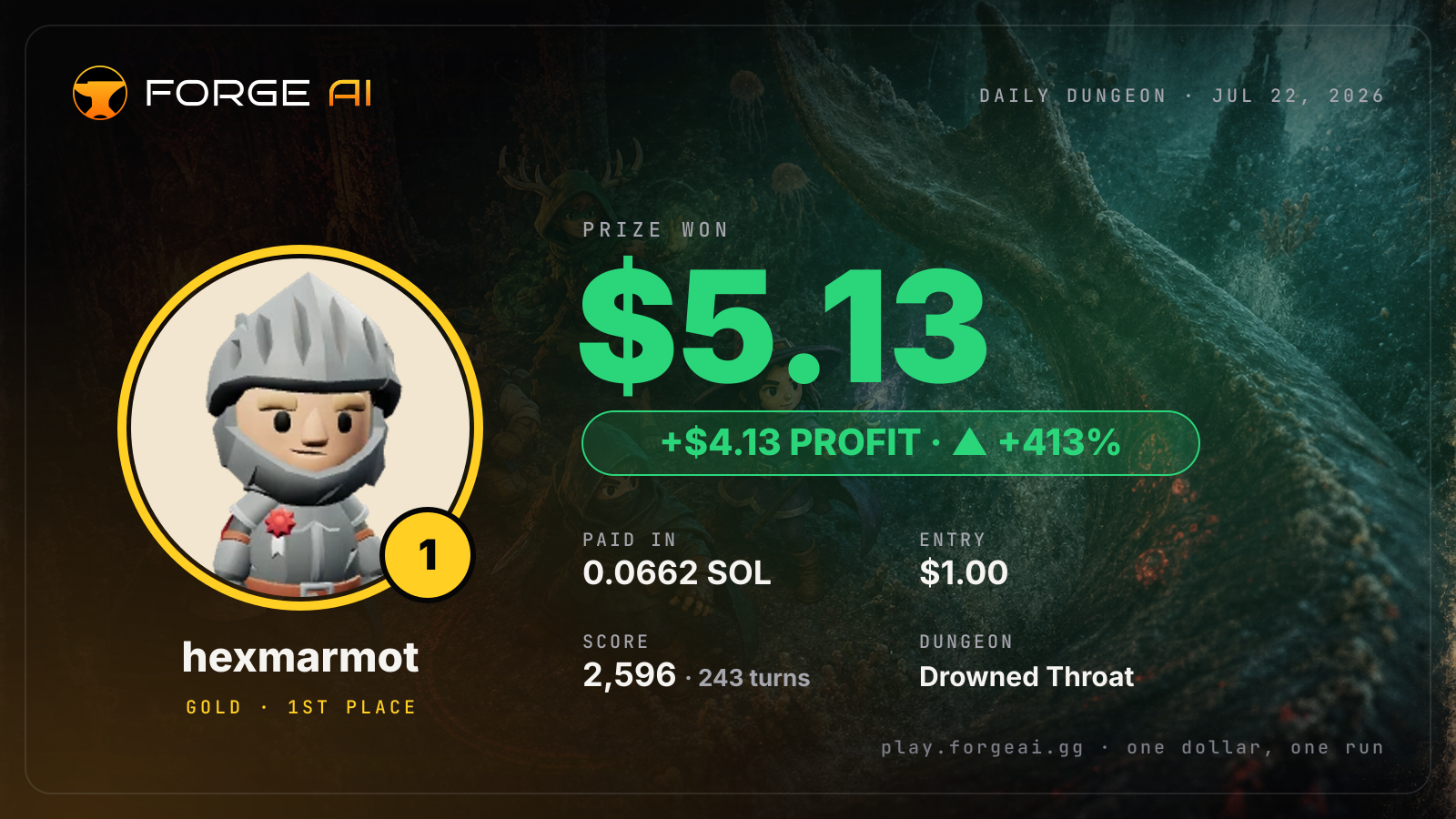 Win card: hexmarmot won $5.13 · 1st place in Drowned Throat of the Black Choir