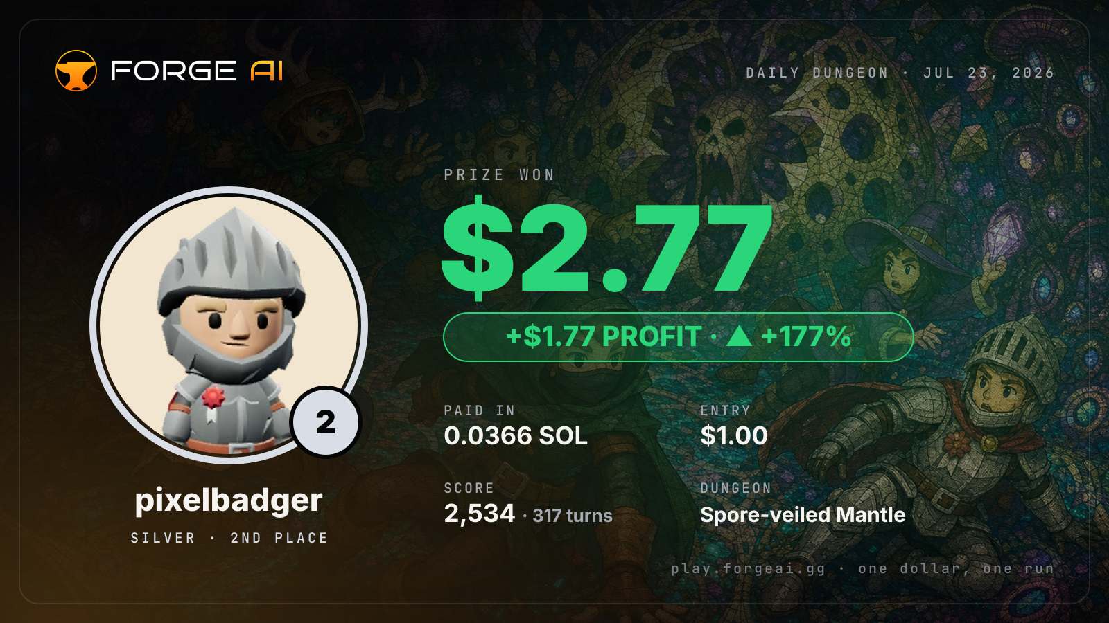 Win card: pixelbadger won $2.77 · 2nd place in Spore-veiled Mantle of the Glowing Choir