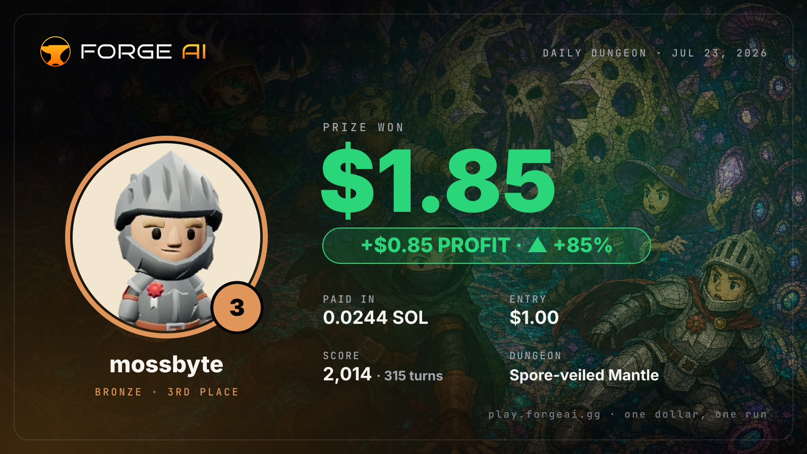 Win card: mossbyte won $1.85 · 3rd place in Spore-veiled Mantle of the Glowing Choir