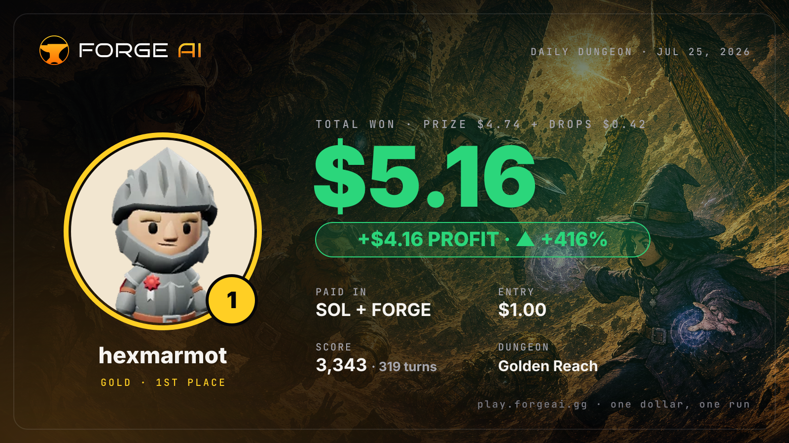 Win card: hexmarmot won $5.16 · 1st place in Golden Reach of the Burning Pharaoh