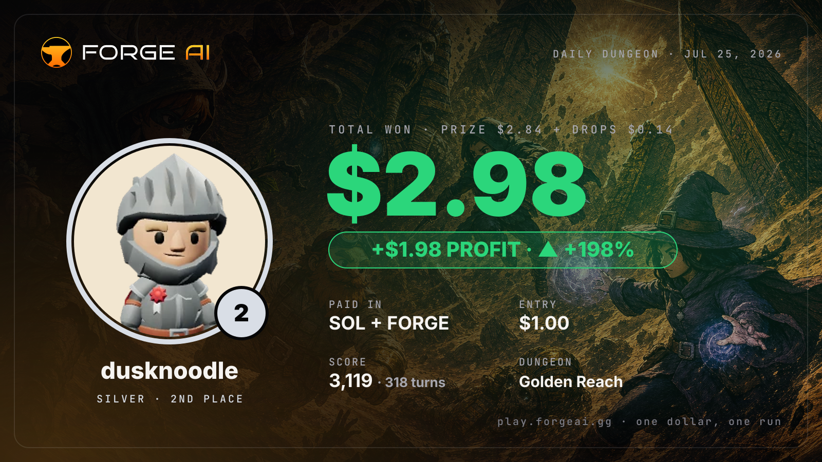 Win card: dusknoodle won $2.98 · 2nd place in Golden Reach of the Burning Pharaoh