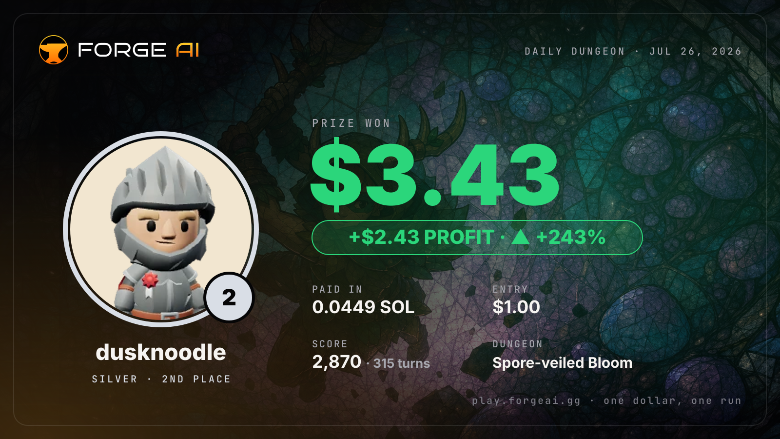 Win card: dusknoodle won $3.43 · 2nd place in Spore-veiled Bloom of Soft Voices