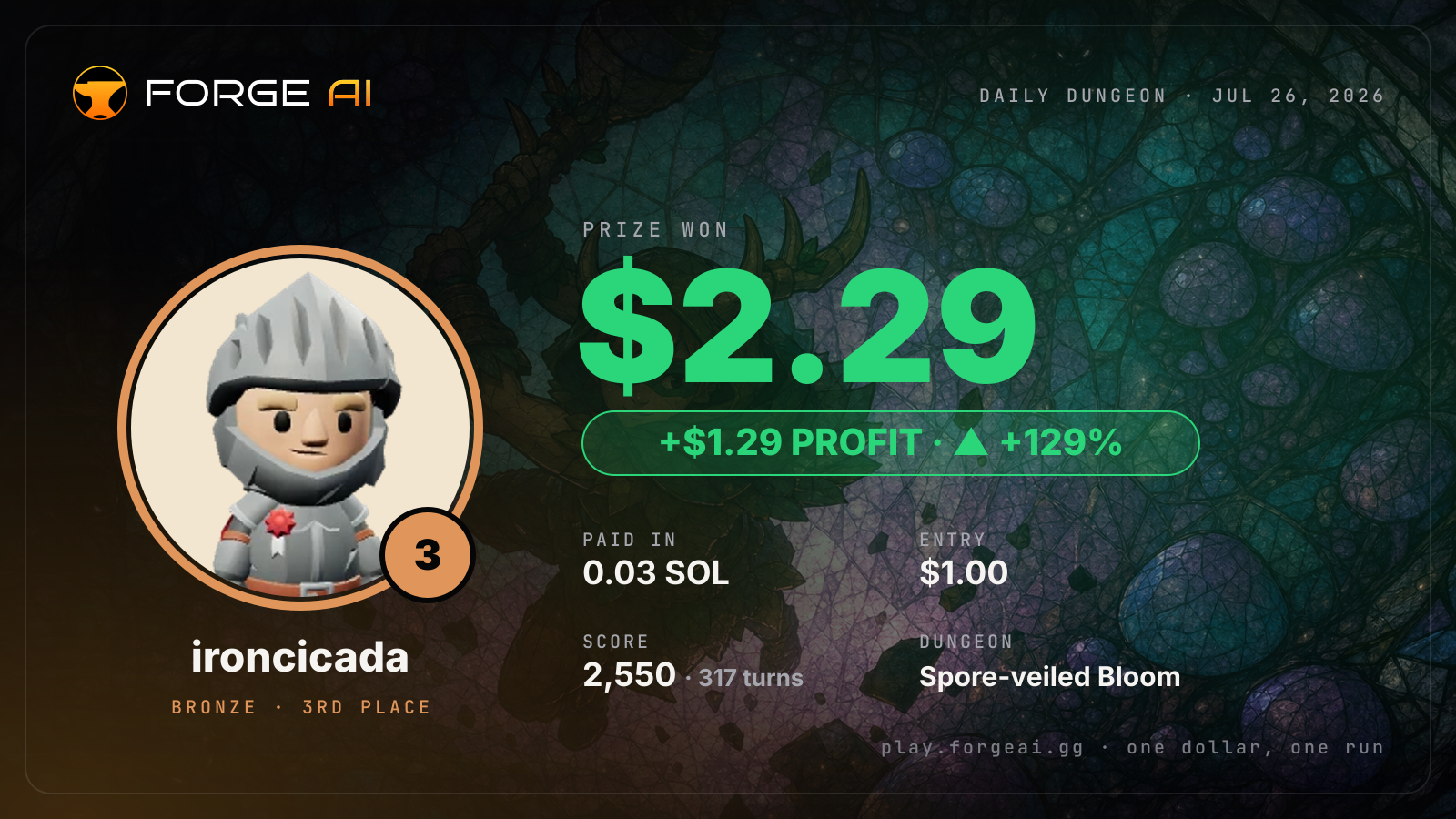 Win card: ironcicada won $2.29 · 3rd place in Spore-veiled Bloom of Soft Voices