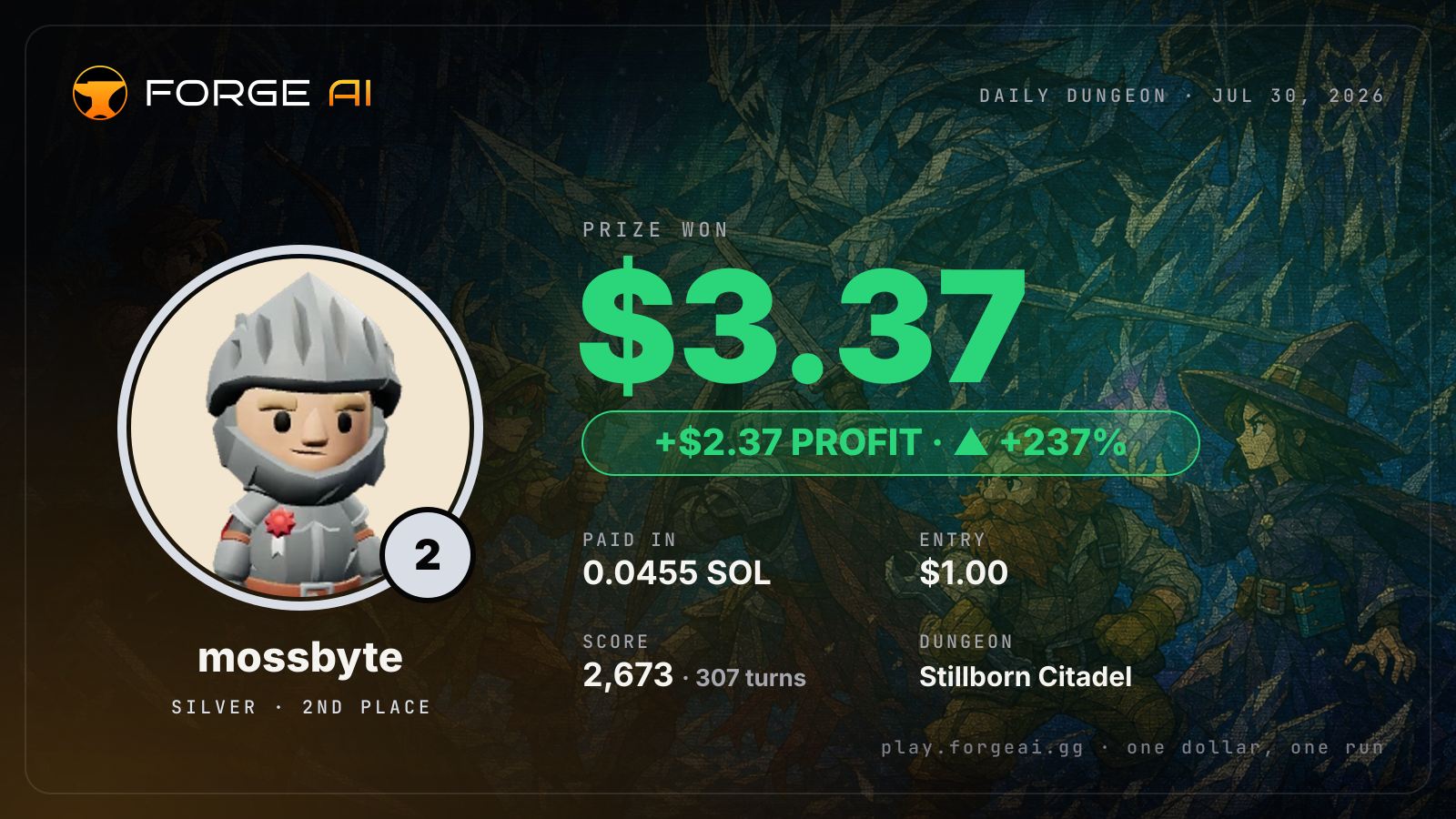 Win card: mossbyte won $3.37 · 2nd place in Stillborn Citadel of the Long Winter