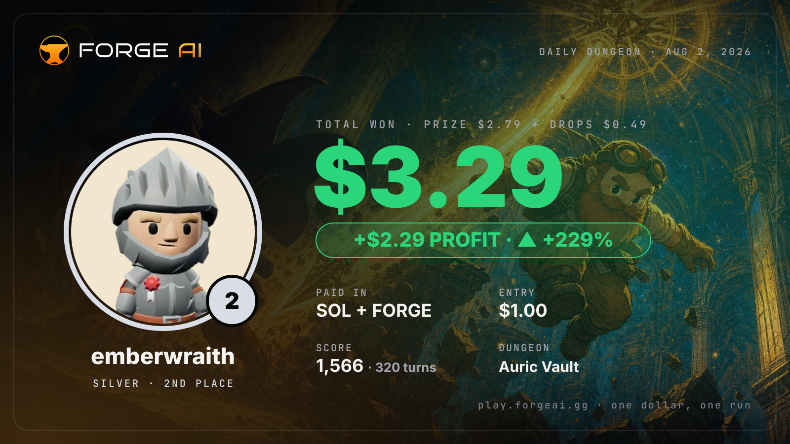 Win card: emberwraith won $3.29 · 2nd place in Auric Vault of the Dimming Star