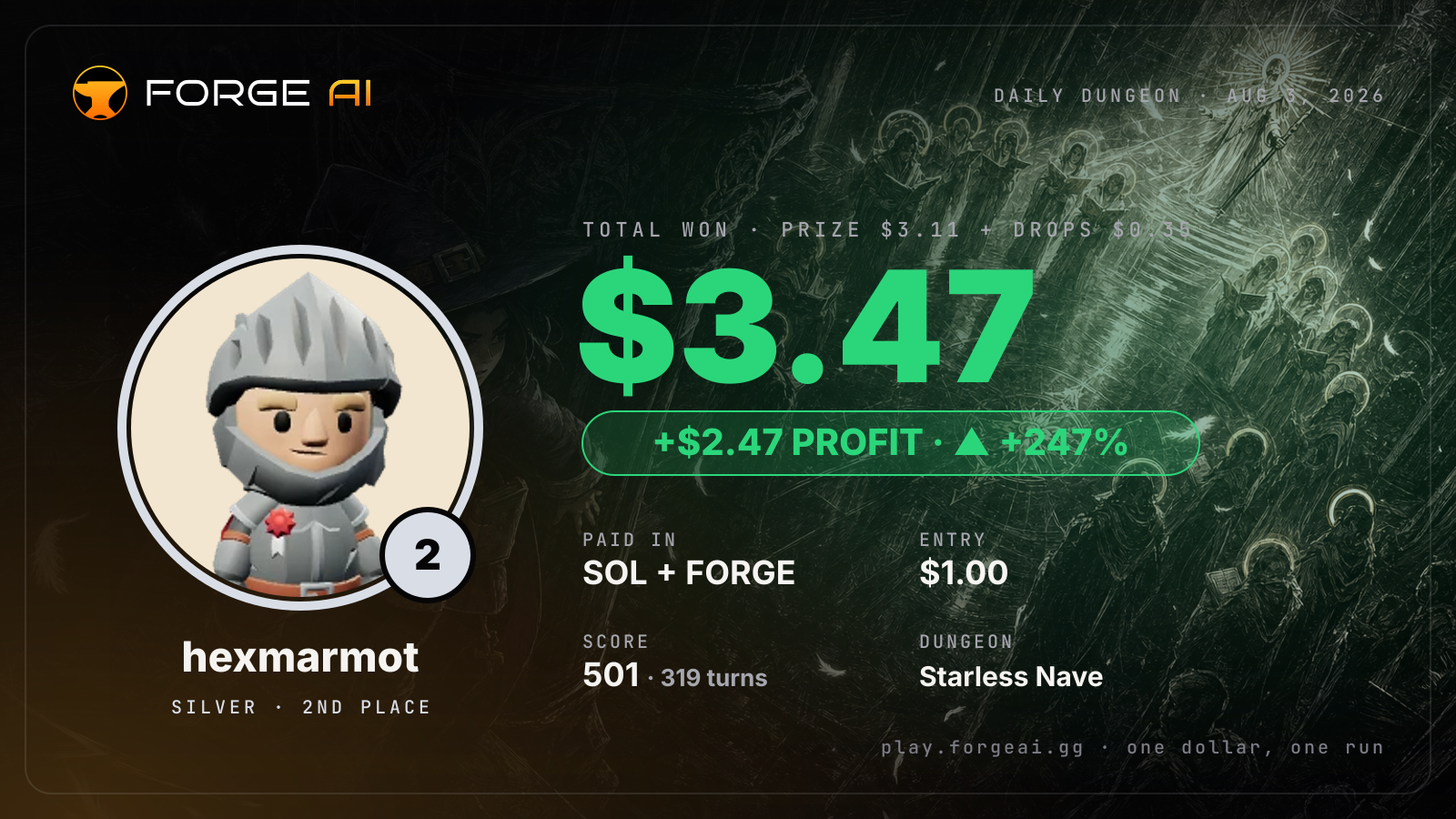 Win card: hexmarmot won $3.47 · 2nd place in Starless Nave of the Last Saint