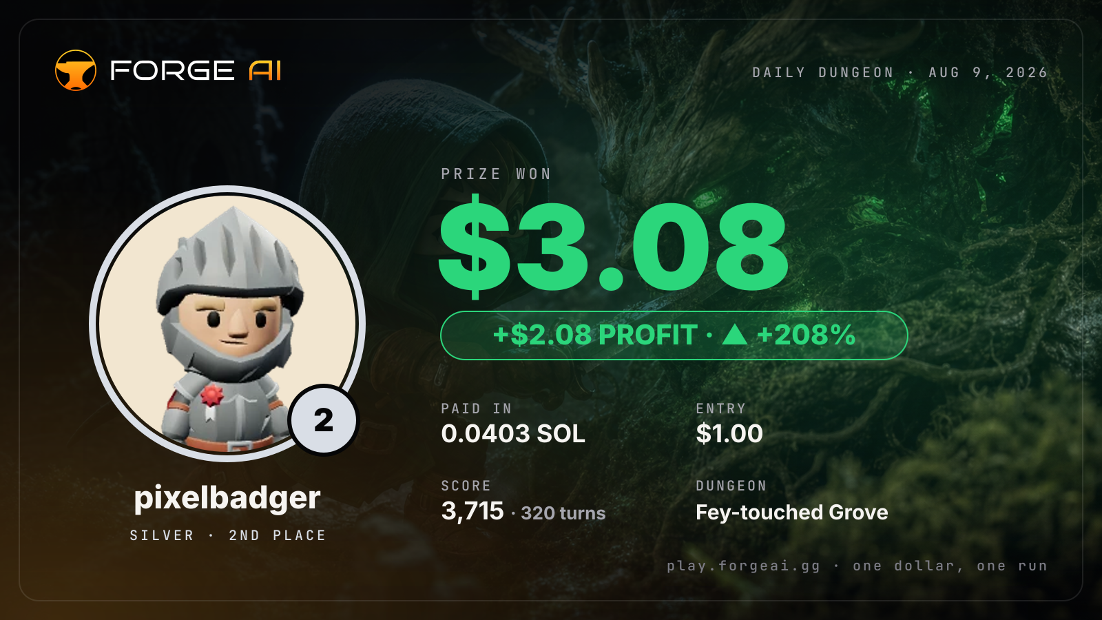 Win card: pixelbadger won $3.08 · 2nd place in Fey-touched Grove of the Antler Throne