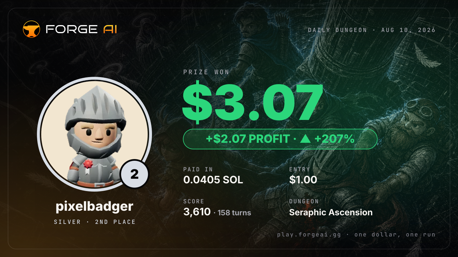 Win card: pixelbadger won $3.07 · 2nd place in Seraphic Ascension of the Seventh Seraph
