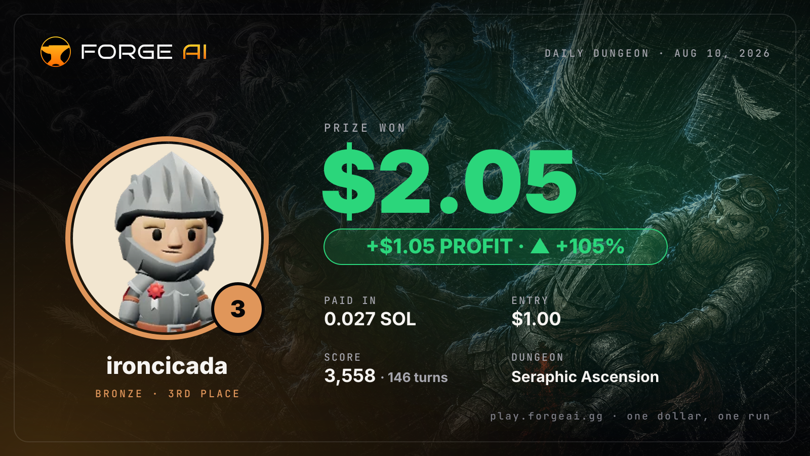 Win card: ironcicada won $2.05 · 3rd place in Seraphic Ascension of the Seventh Seraph