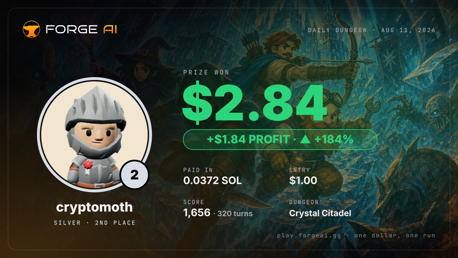 Win card: cryptomoth won $2.84 · 2nd place in Crystal Citadel of the Frozen Star