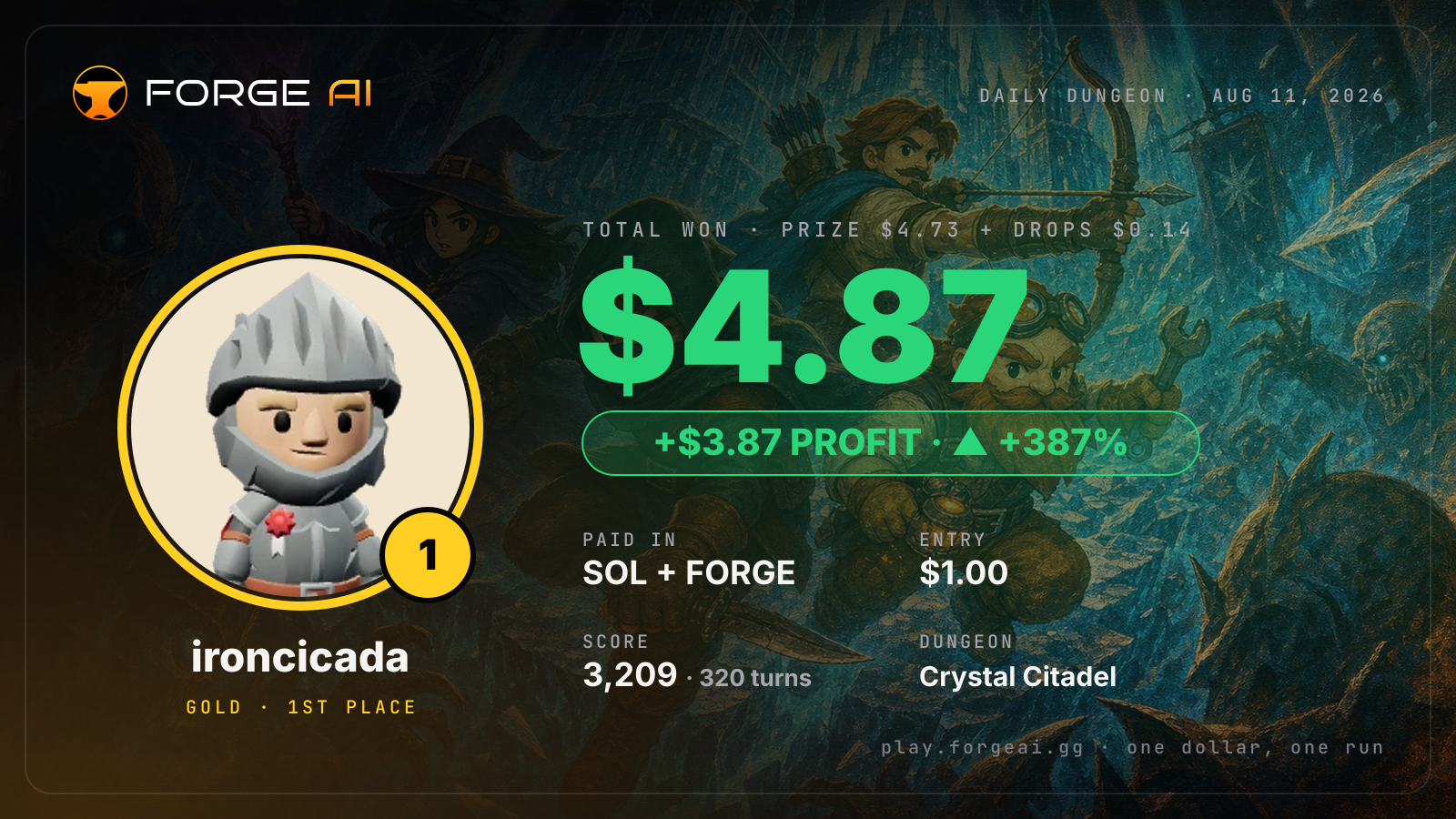 Win card: ironcicada won $4.87 · 1st place in Crystal Citadel of the Frozen Star