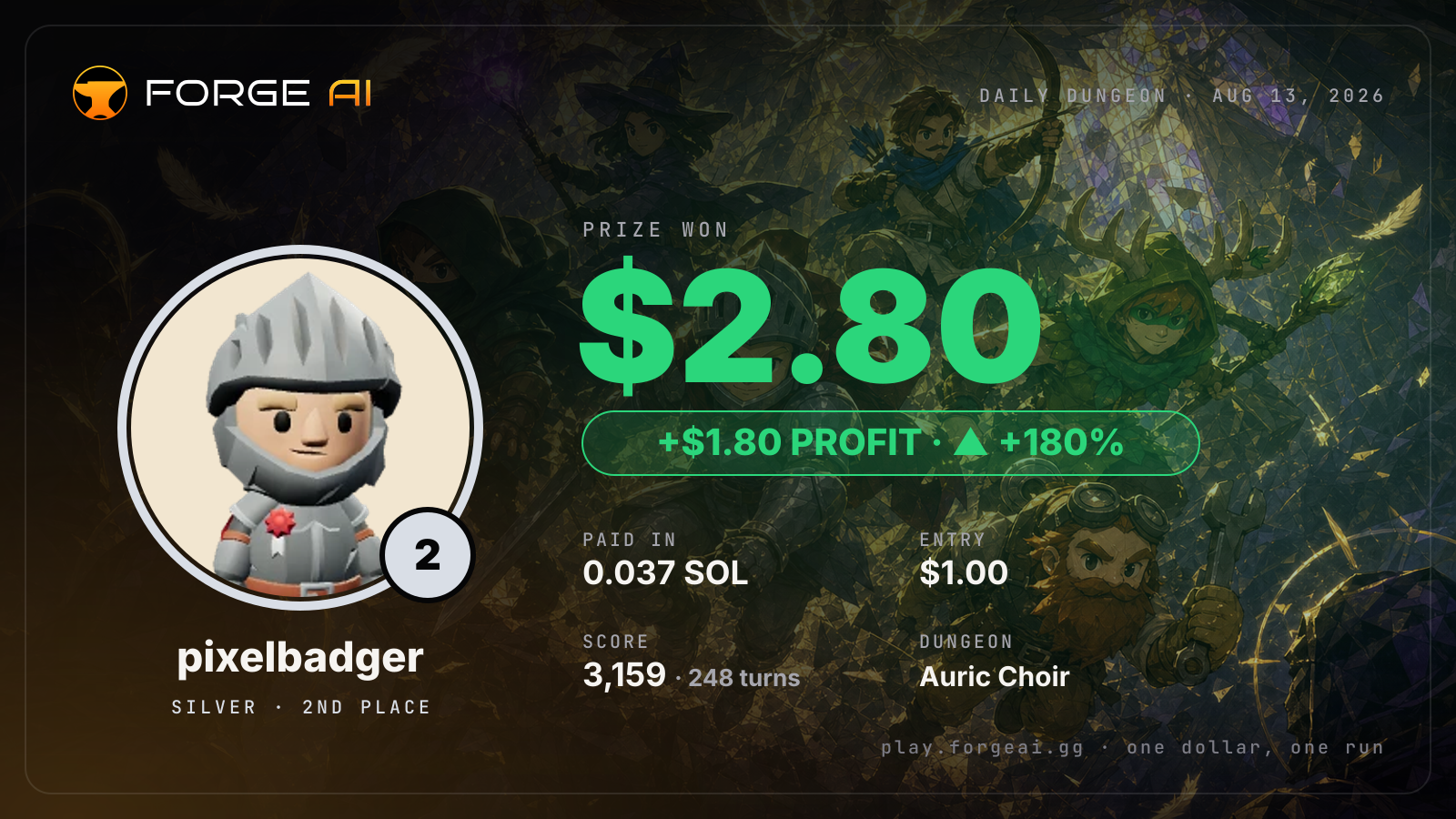 Win card: pixelbadger won $2.80 · 2nd place in Auric Choir of the Seventh Seraph