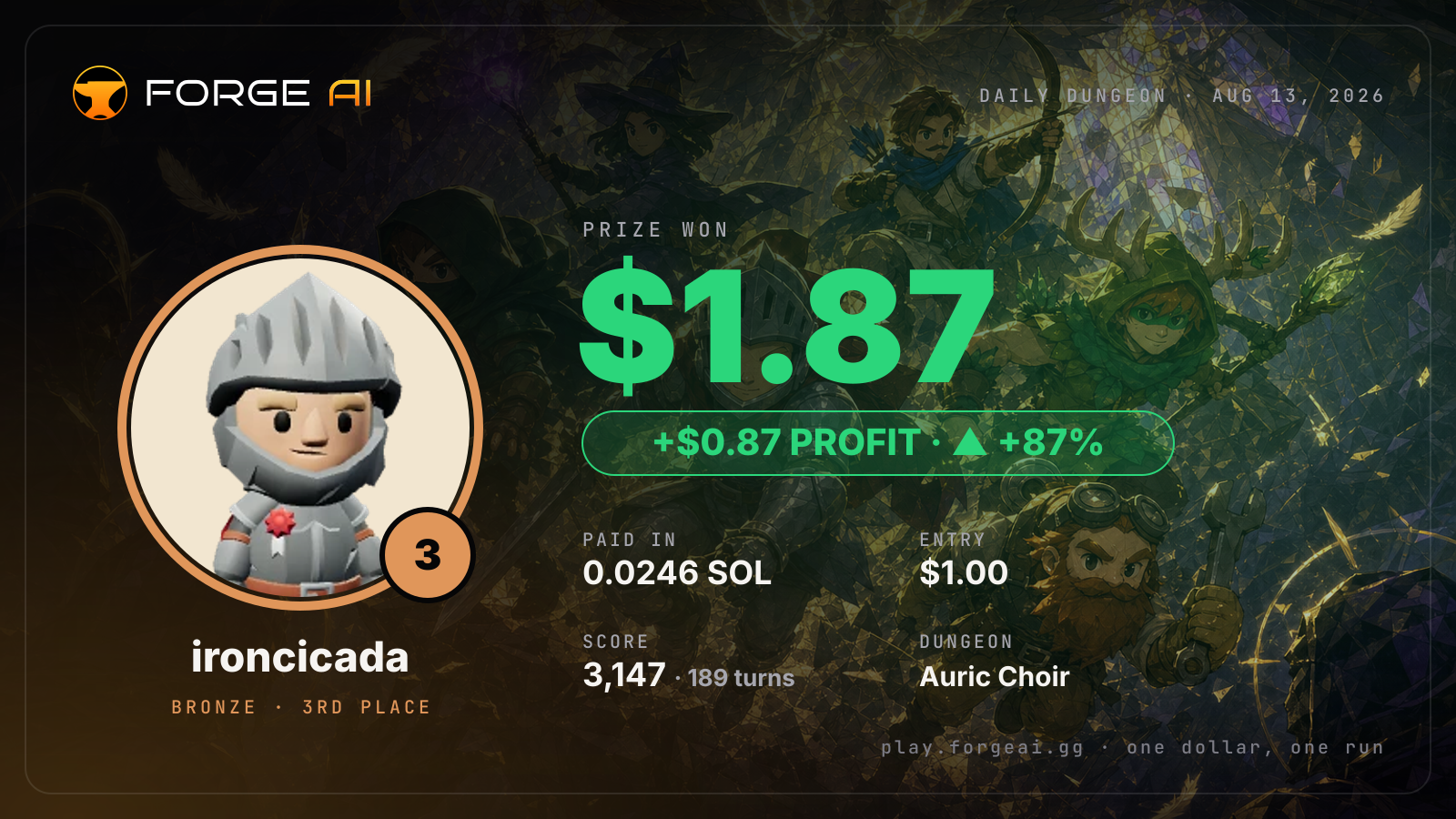 Win card: ironcicada won $1.87 · 3rd place in Auric Choir of the Seventh Seraph
