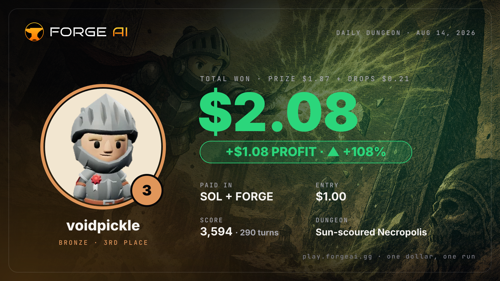 Win card: voidpickle won $2.08 · 3rd place in Sun-scoured Necropolis of the Salt Sea Drowned