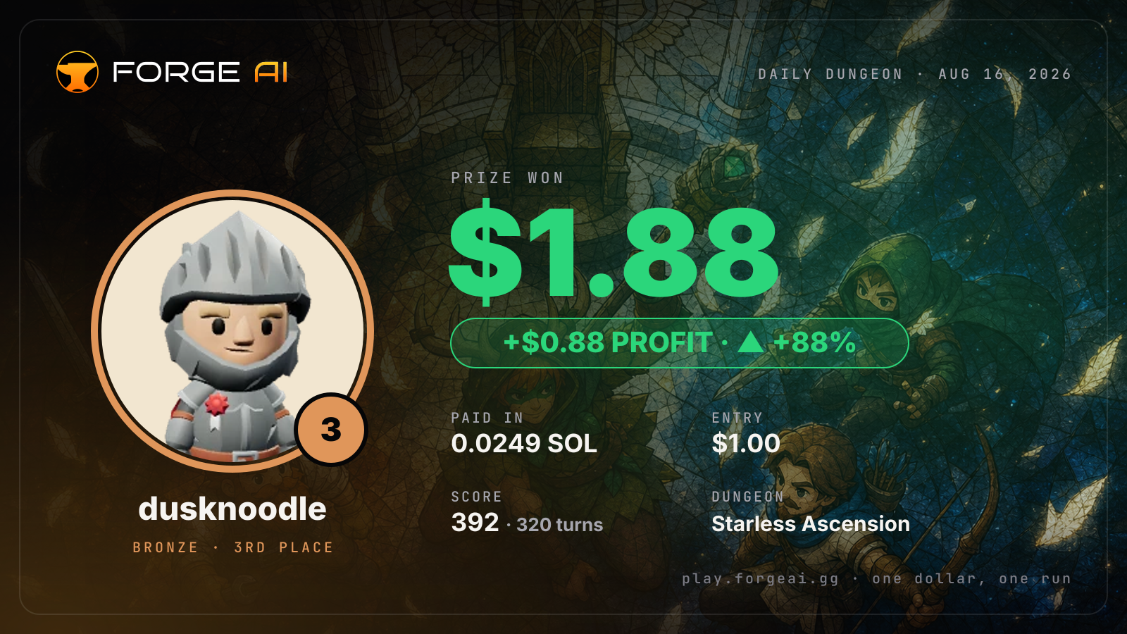 Win card: dusknoodle won $1.88 · 3rd place in Starless Ascension of the Last Saint