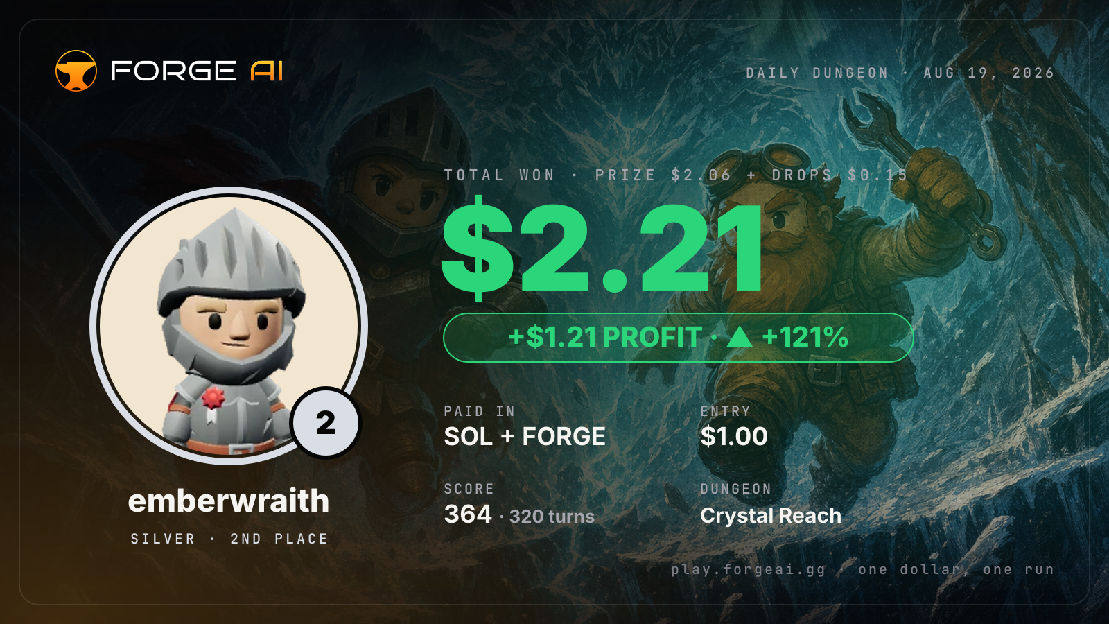 Win card: emberwraith won $2.21 · 2nd place in Crystal Reach of the Frozen Star