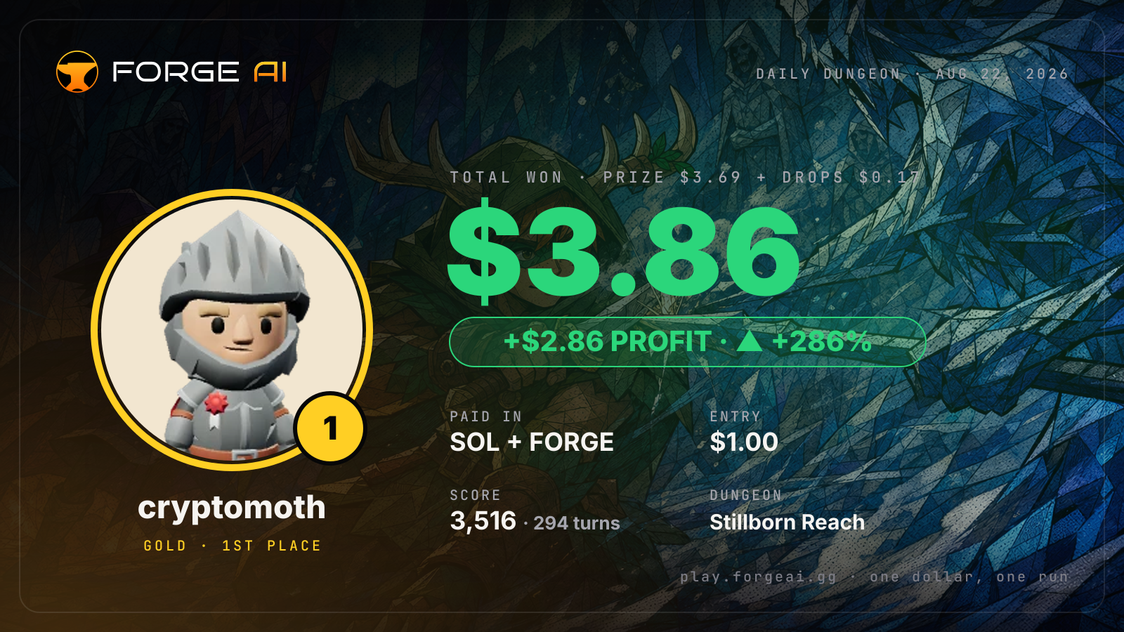 Win card: cryptomoth won $3.86 · 1st place in Stillborn Reach of the Frozen Star