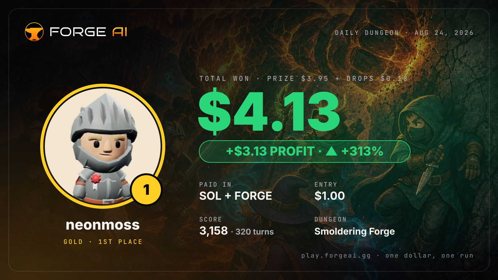 Win card: neonmoss won $4.13 · 1st place in Smoldering Forge of the First Flame