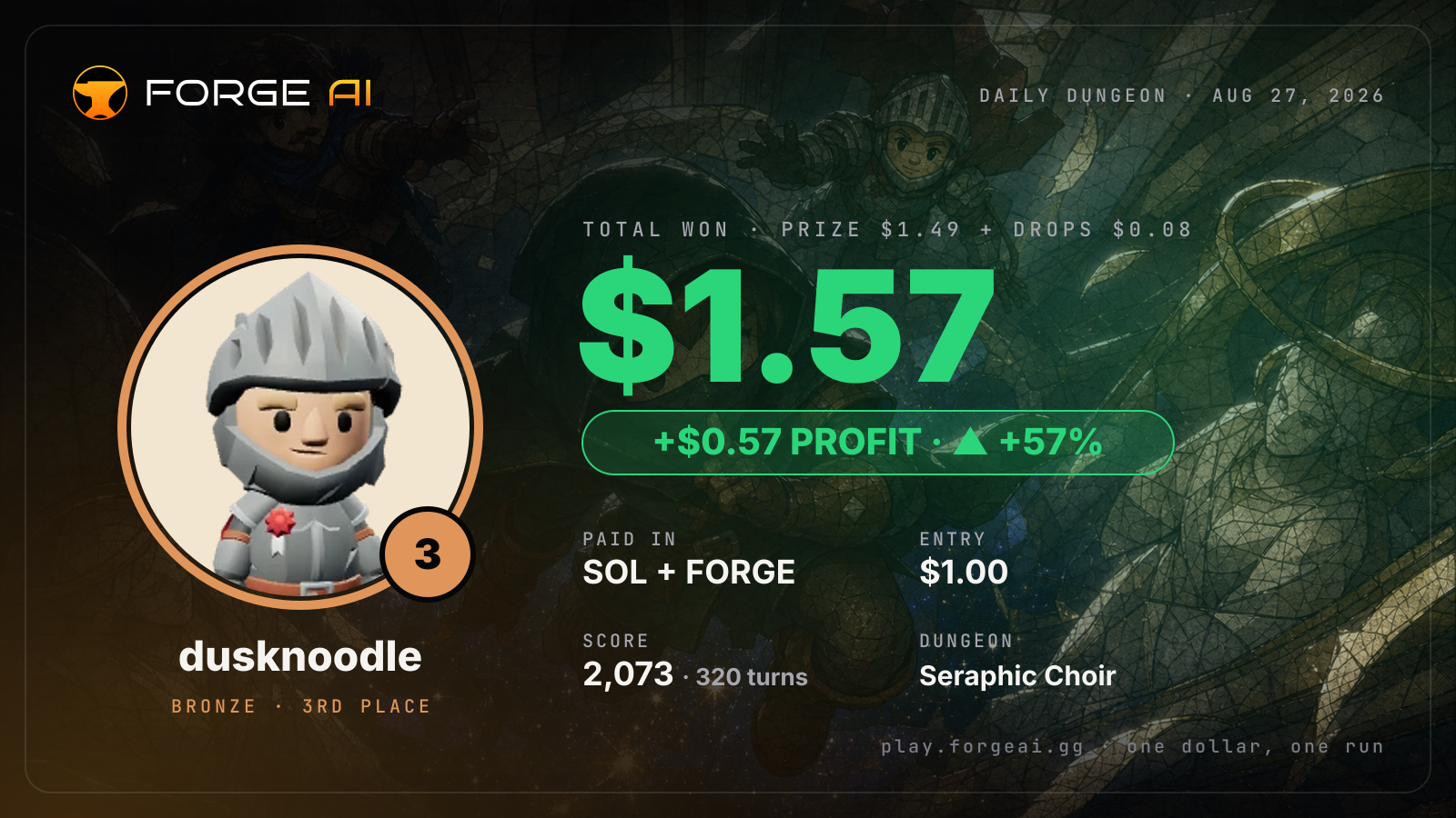Win card: dusknoodle won $1.57 · 3rd place in Seraphic Choir of the Last Saint