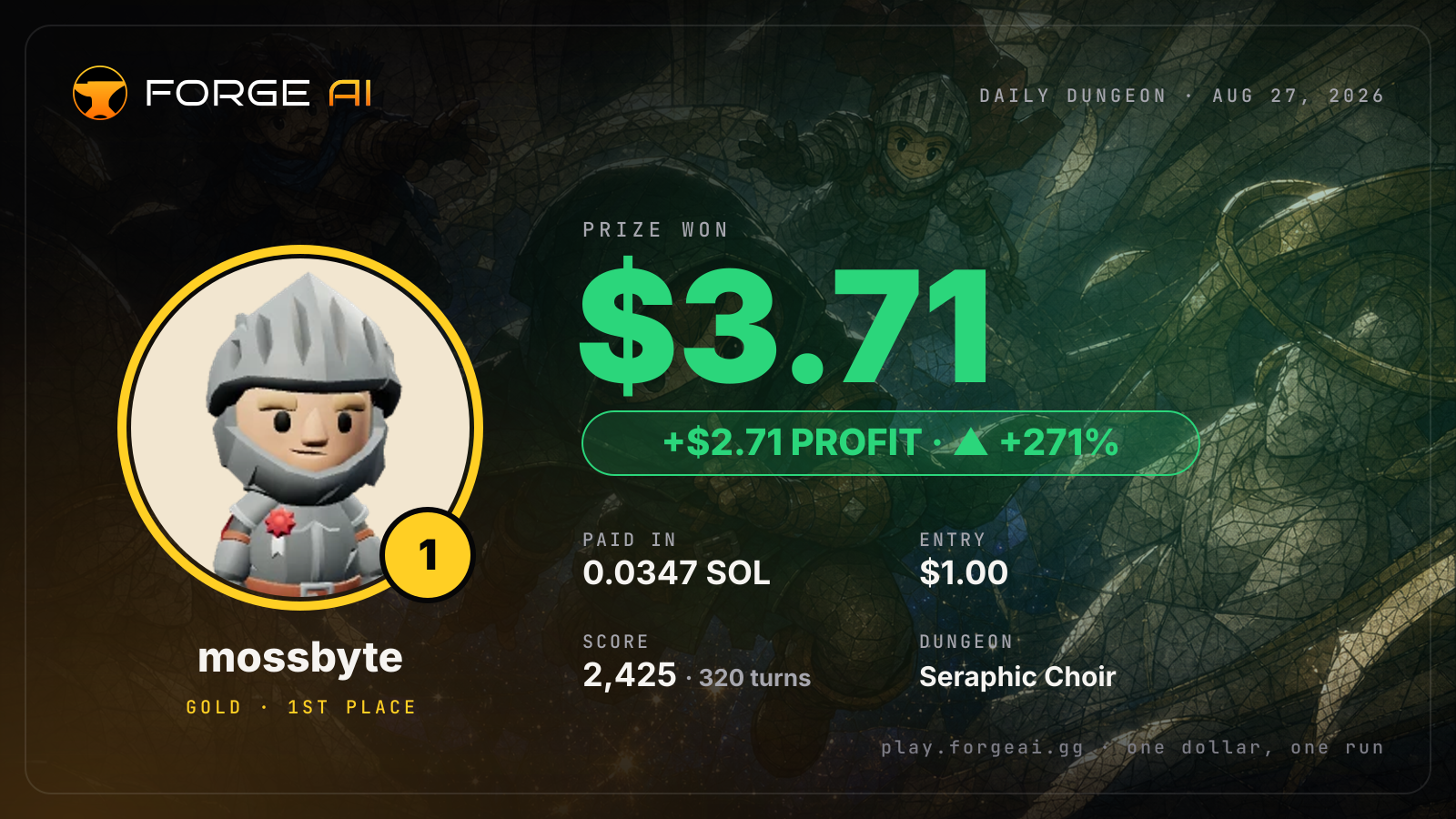 Win card: mossbyte won $3.71 · 1st place in Seraphic Choir of the Last Saint