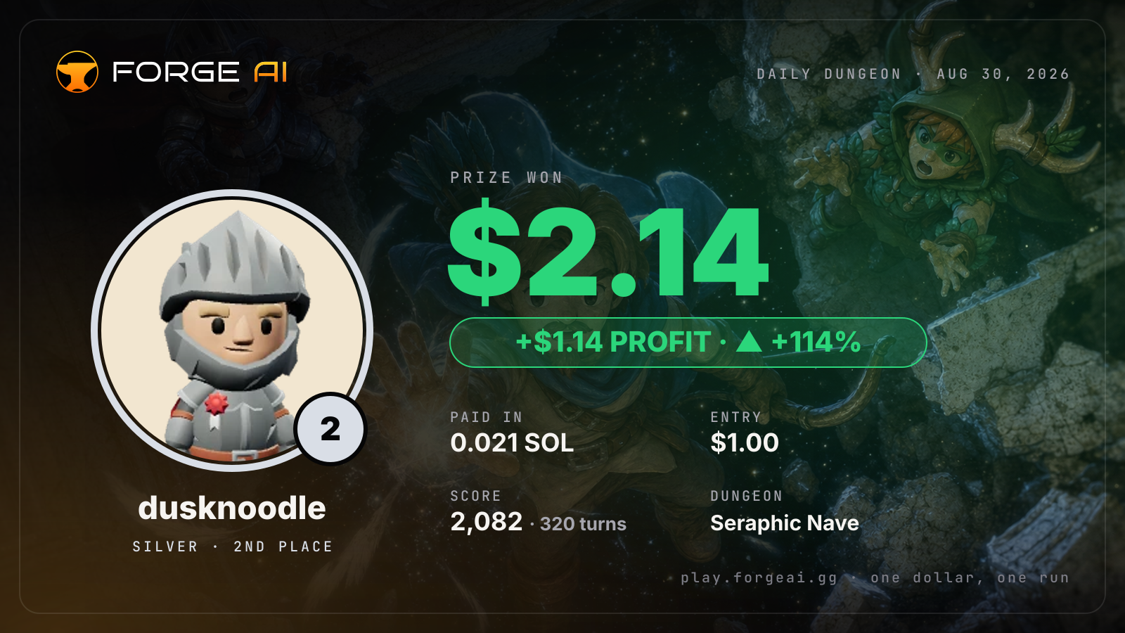 Win card: dusknoodle won $2.14 · 2nd place in Seraphic Nave of the Silent God