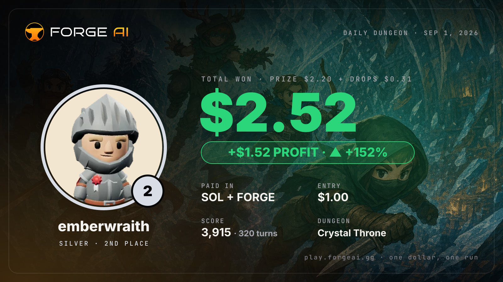 Win card: emberwraith won $2.52 · 2nd place in Crystal Throne of Hjalmar's Sleep