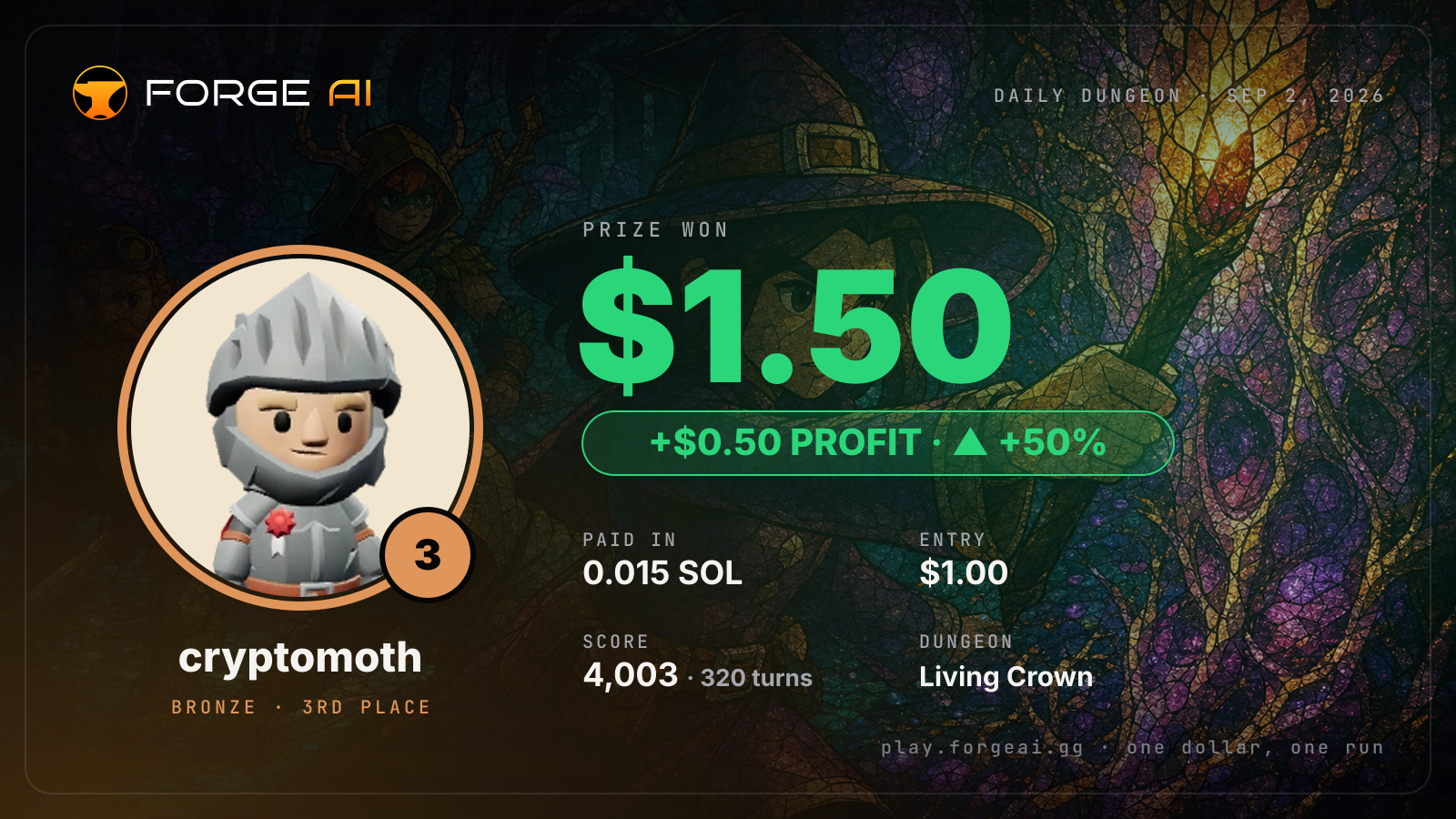 Win card: cryptomoth won $1.50 · 3rd place in Living Crown of the Glowing Choir