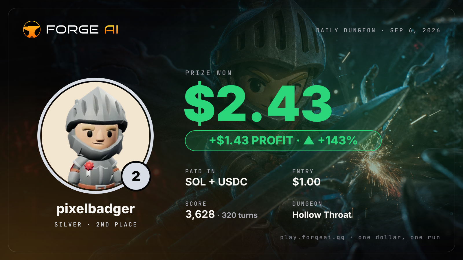 Win card: pixelbadger won $2.43 · 2nd place in Hollow Throat of the Black Choir
