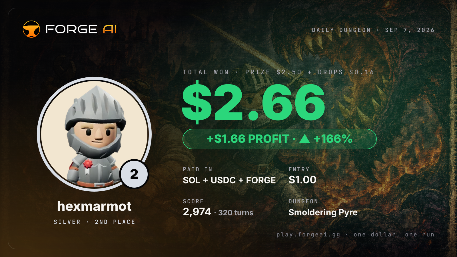 Win card: hexmarmot won $2.66 · 2nd place in Smoldering Pyre of Vorath's Ash