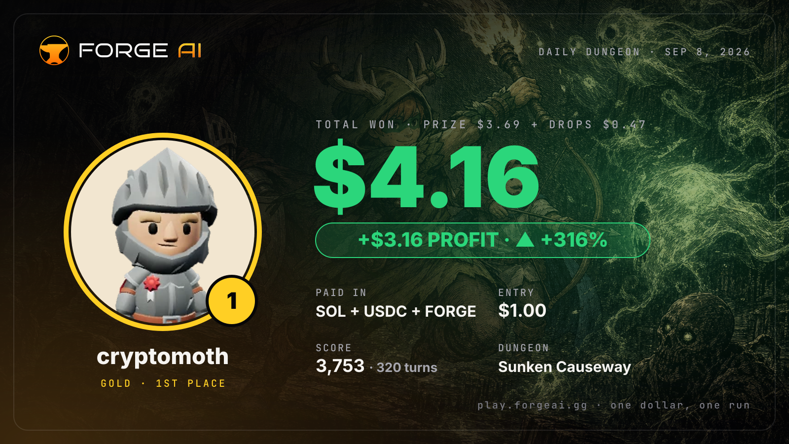 Win card: cryptomoth won $4.16 · 1st place in Sunken Causeway of Stilt and Bone