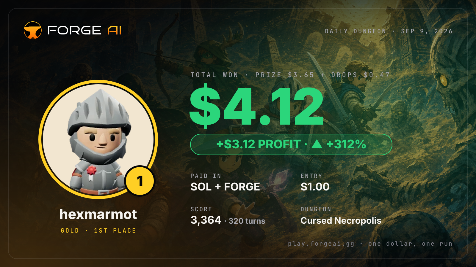Win card: hexmarmot won $4.12 · 1st place in Cursed Necropolis of the Hollow Sun