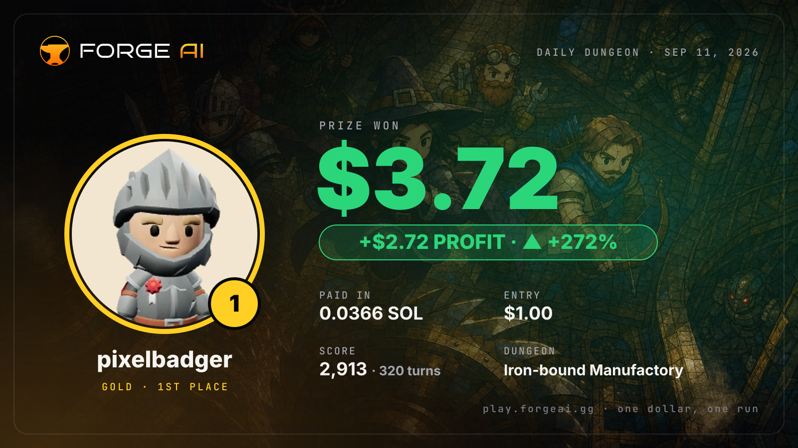 Win card: pixelbadger won $3.72 · 1st place in Iron-bound Manufactory of the Last Patent