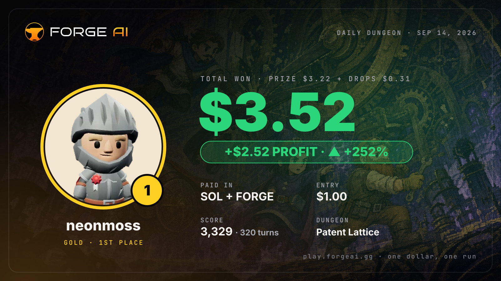 Win card: neonmoss won $3.52 · 1st place in Patent Lattice of Brass and Vow