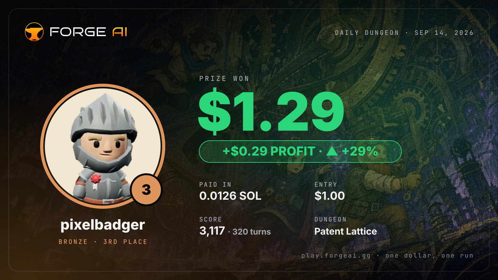 Win card: pixelbadger won $1.29 · 3rd place in Patent Lattice of Brass and Vow