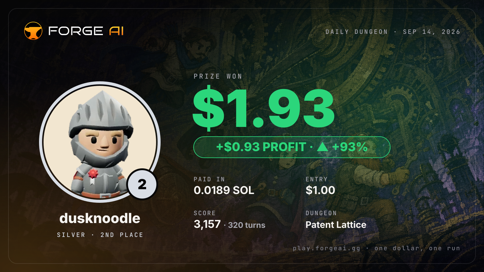 Win card: dusknoodle won $1.93 · 2nd place in Patent Lattice of Brass and Vow