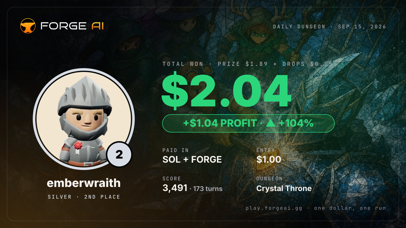 Win card: emberwraith won $2.04 · 2nd place in Crystal Throne of the Glass Sea