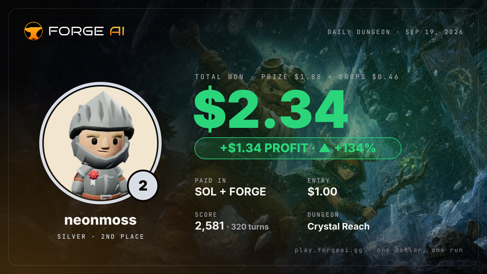 Win card: neonmoss won $2.34 · 2nd place in Crystal Reach of the Long Winter