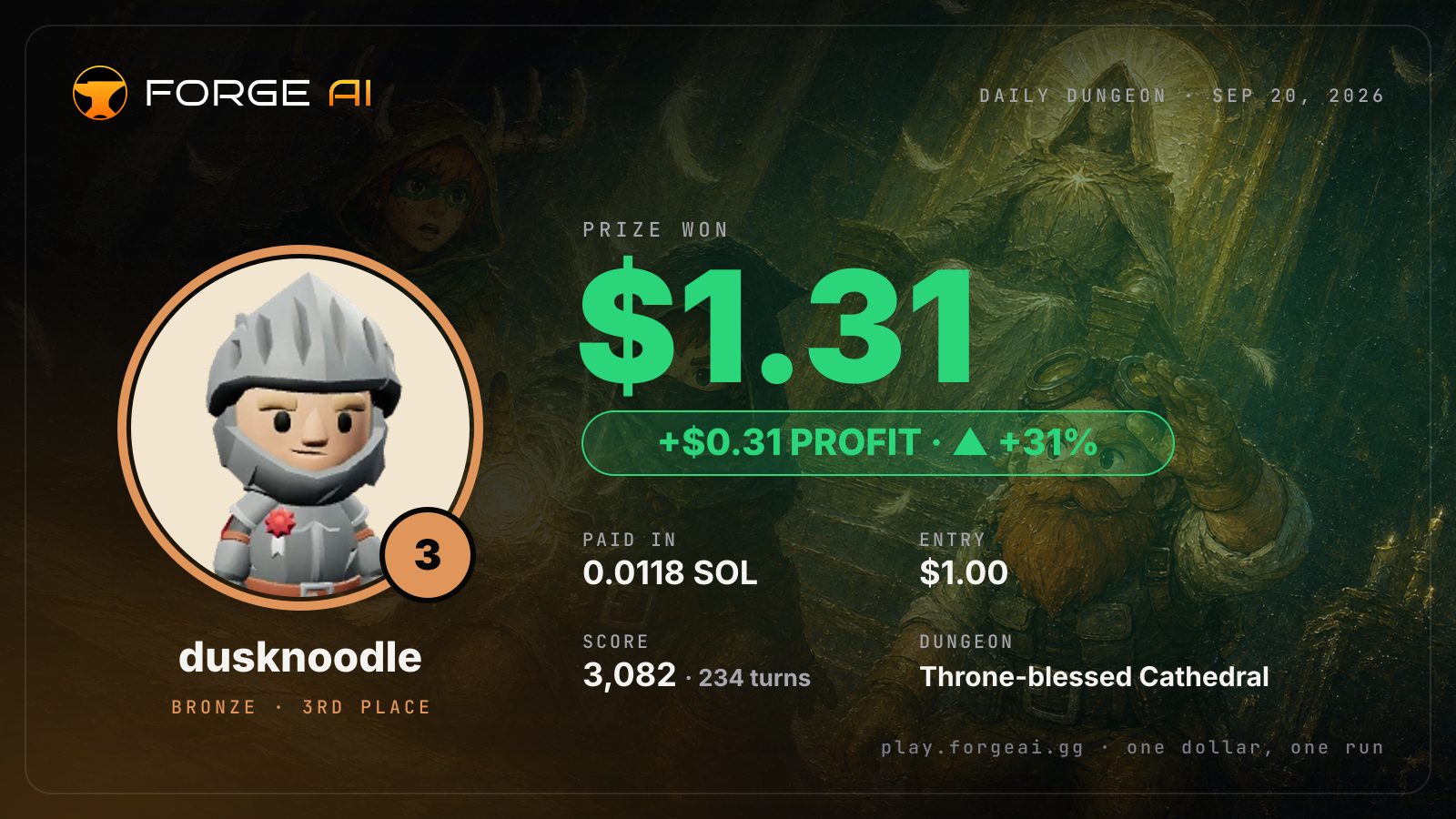 Win card: dusknoodle won $1.31 · 3rd place in Throne-blessed Cathedral of the Last Saint