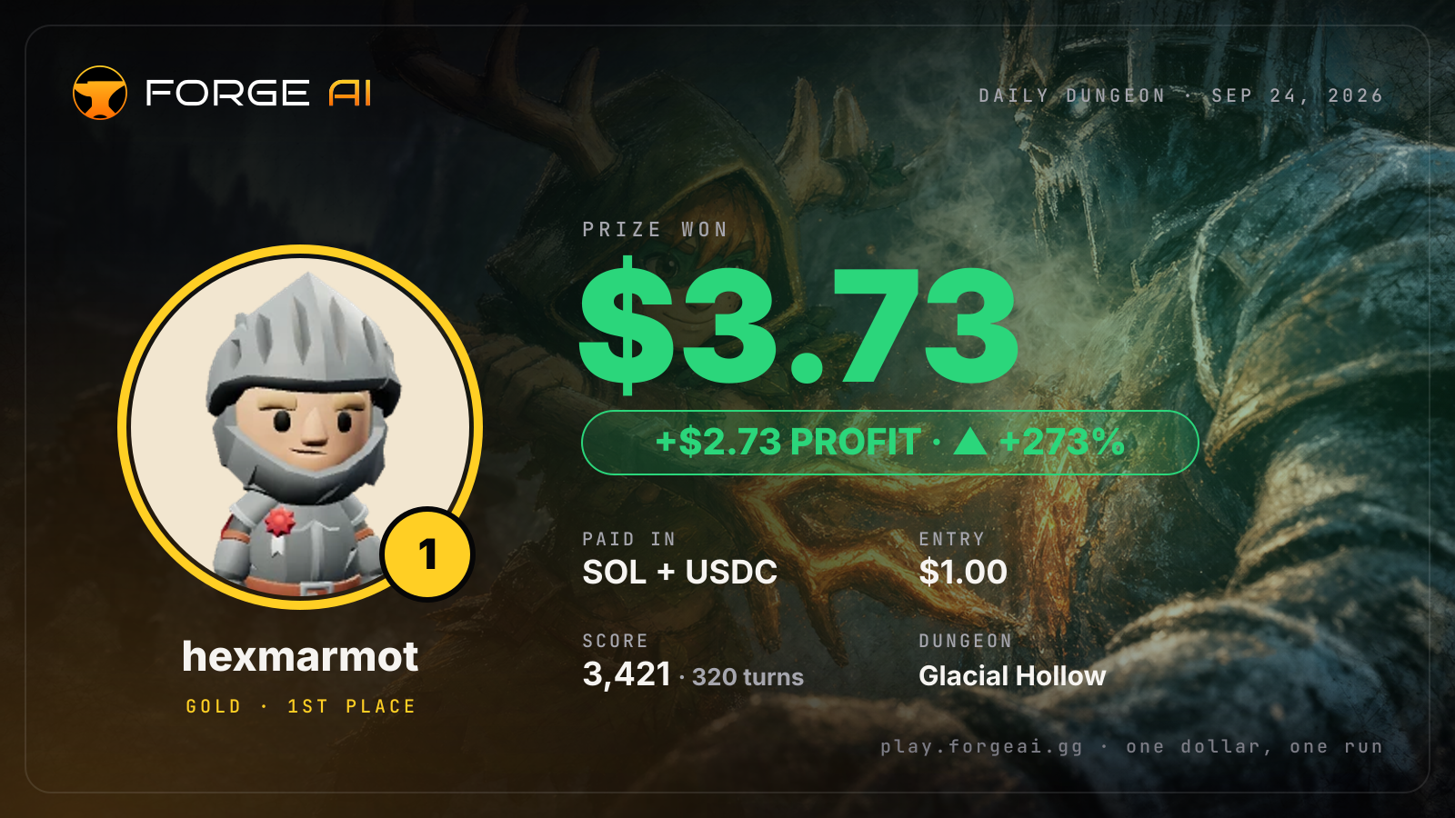 Win card: hexmarmot won $3.73 · 1st place in Glacial Hollow of the Pale Wolf
