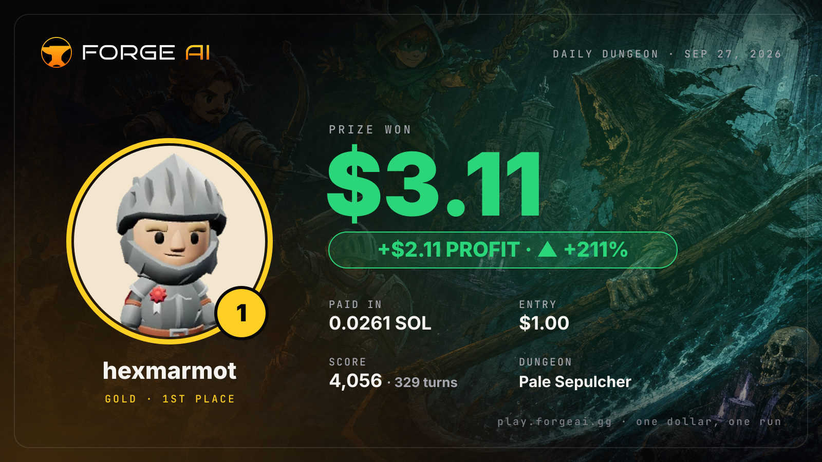 Win card: hexmarmot won $3.11 · 1st place in Pale Sepulcher of the Pale Lich