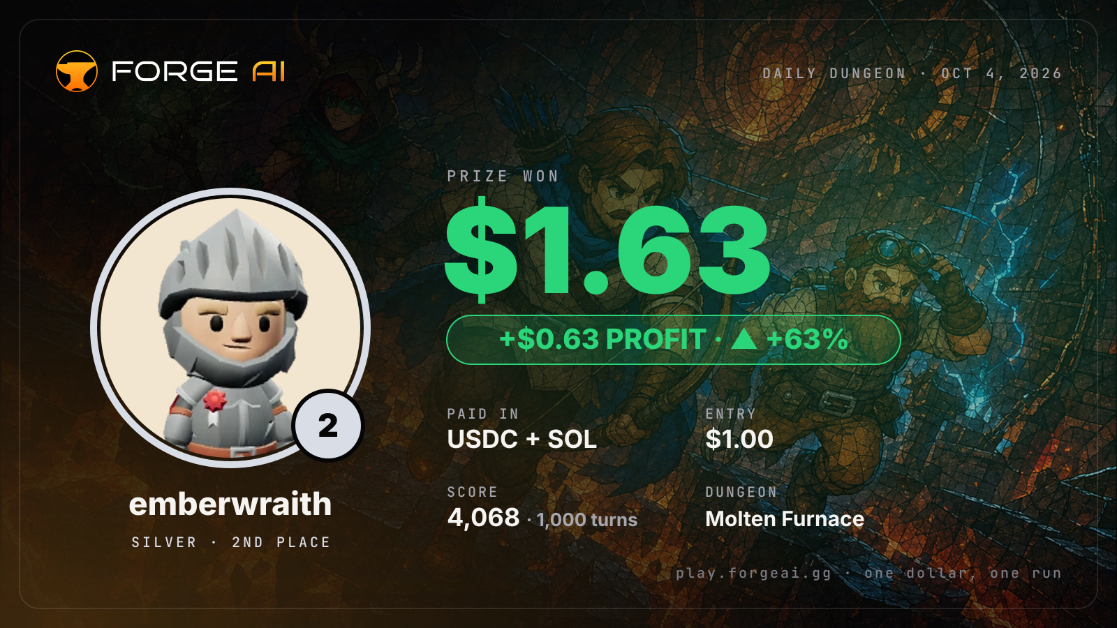 Win card: emberwraith won $1.63 · 2nd place in Molten Furnace of the First Flame