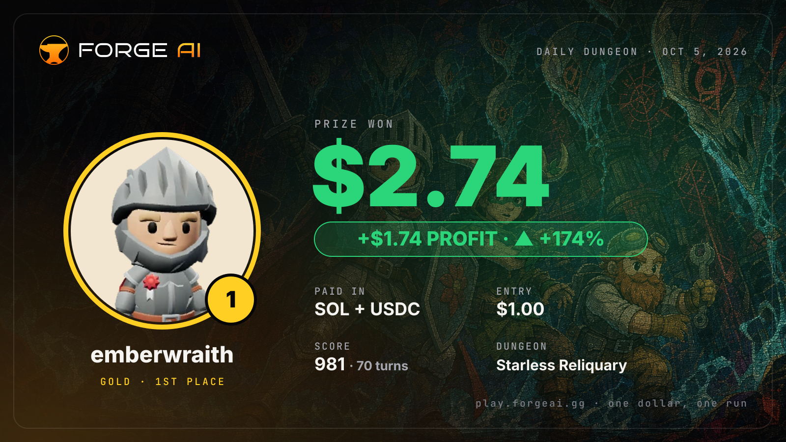 Win card: emberwraith won $2.74 · 1st place in Starless Reliquary of the Drowned Crown